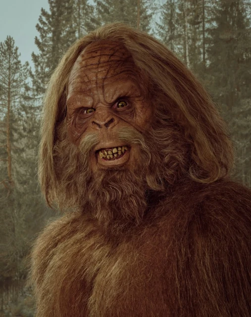 Close-up of a bigfoot-like creature with long brown hair and a furry body, standing in a forest with blurred trees in the background.